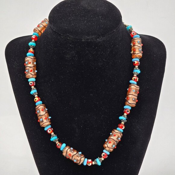 Vintage Boho Foil Glass Beaded 16" Necklace Blue & Red Accents - Picture 2 of 9
